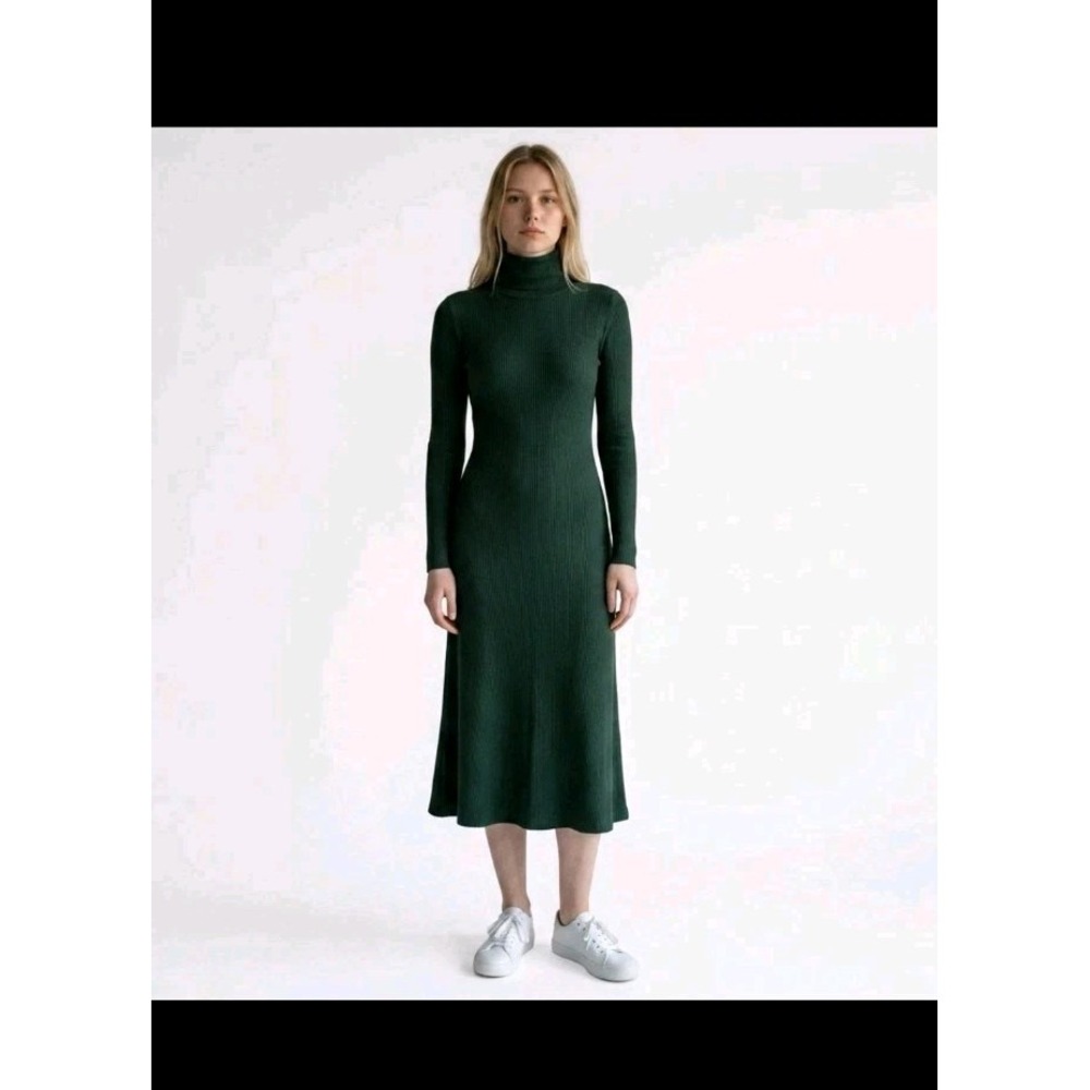 NWT OGL Maxwarm Turtleneck Midi Dress Long Sleeve A-Line Fleece Forest Green S